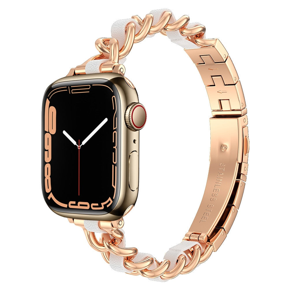 Slim Women Bracelet For Apple Watch Series Ultra 49mm Band 7 8 41mm 45mm Metal+Leather Loop for iwatch 6 5 4 se 40mm 38 42 44mm