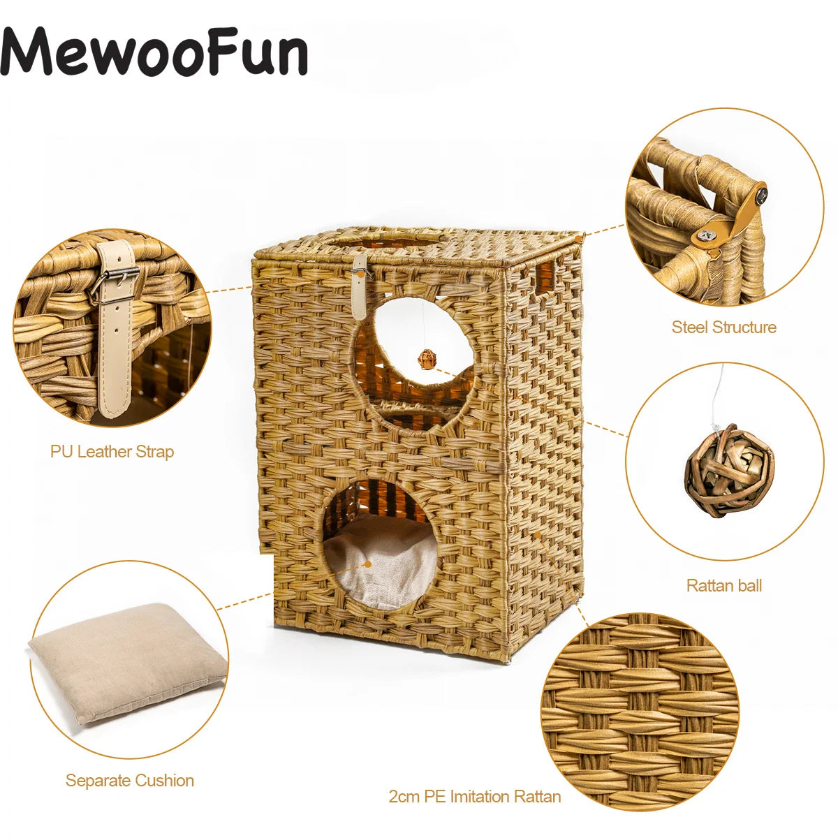 MewooFun Cat House Wicker Cat Bed for Indoor Woven Rattan Condos Outdoor Sturdy Large Cat Furniture Cages with Cushion US Stock