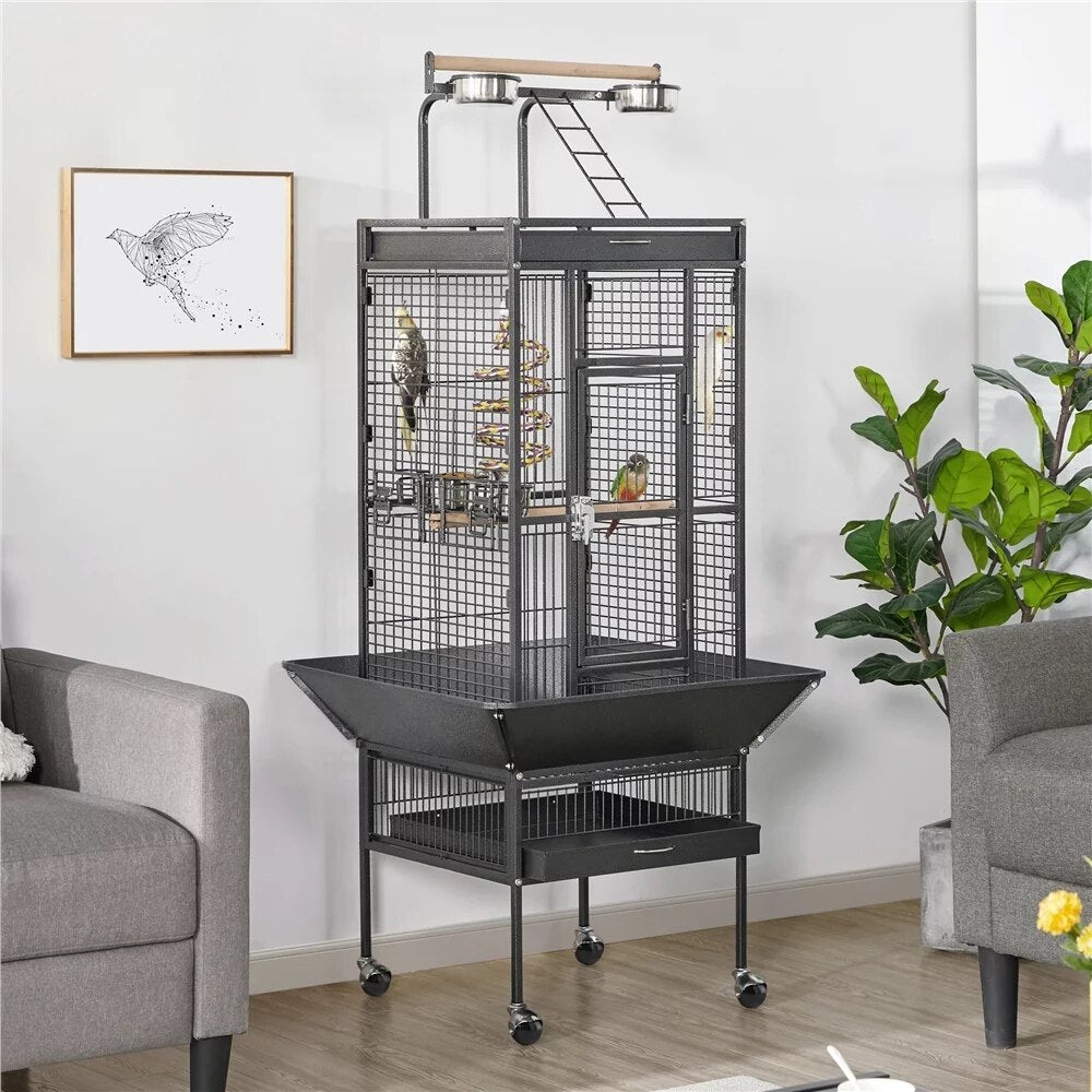 61.5inch Rolling Metal Bird Cage for Cockatiel Lovebird, Durable, Sturdy,Heavy-Duty,Safe,42.3 Lb