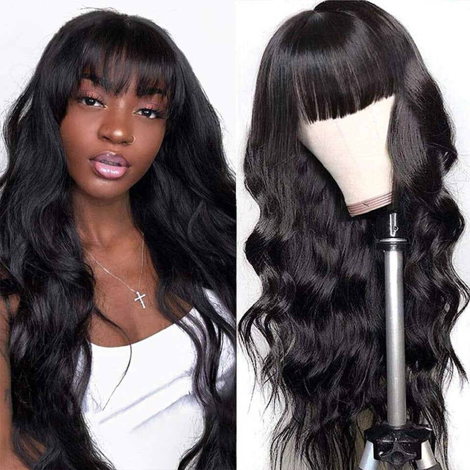 250 Density Body Wave Wig Malaysian Remy Loose Water Wave Human Hair Wigs With Bangs Human Hair Wig For Women 30 Inch Fringe Wig