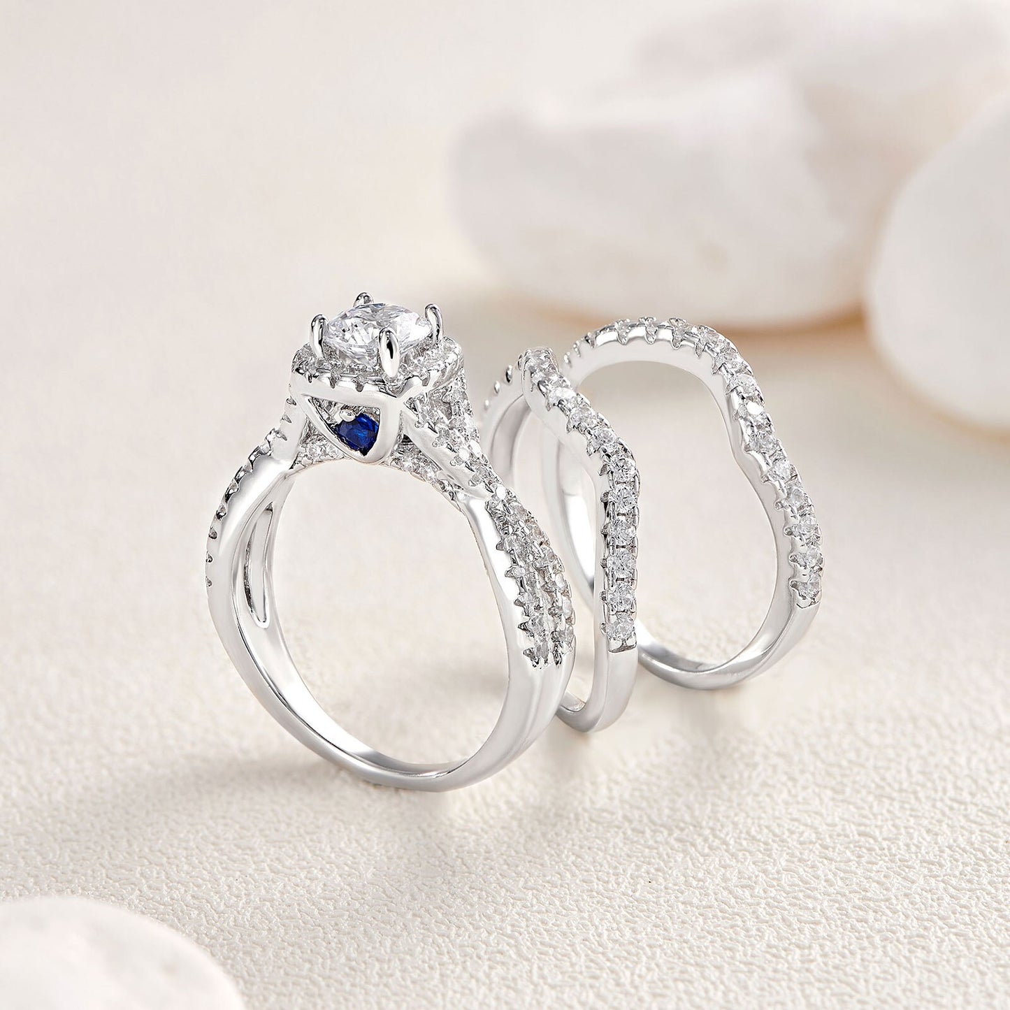 Newshe 3 Pieces Engagement Ring Set for Women Blue Crystal Solid 925 Sterling Silver Round Cut AAAAA CZ Wedding Bands