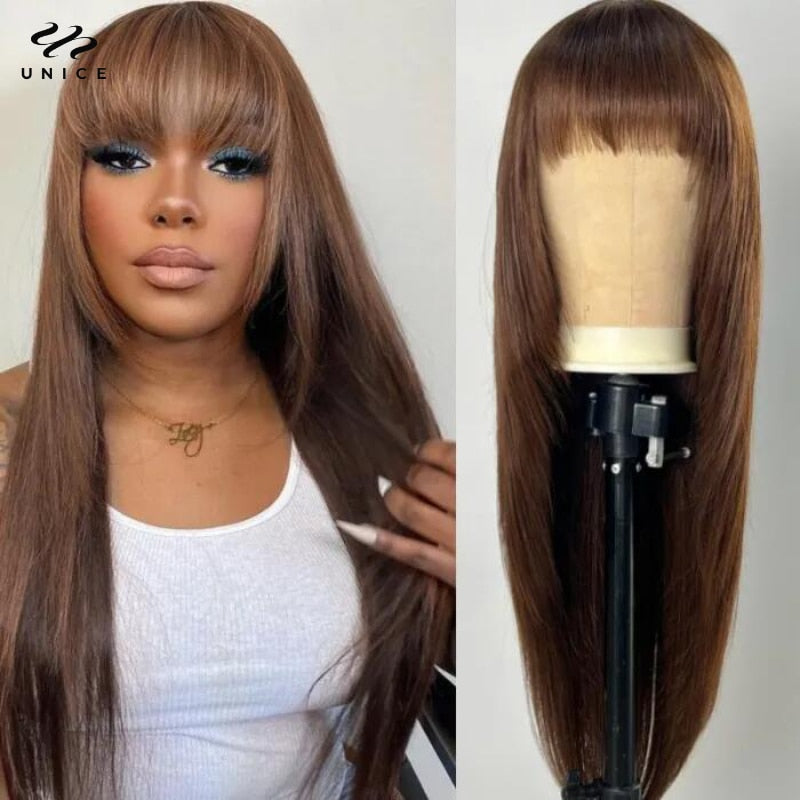 UNice Layer Cut Mocha Medium Brown Glueless Beginner Friendly Straight Wig With Bangs Wear and Go Cap Soft &amp; Smooth Virgin hair