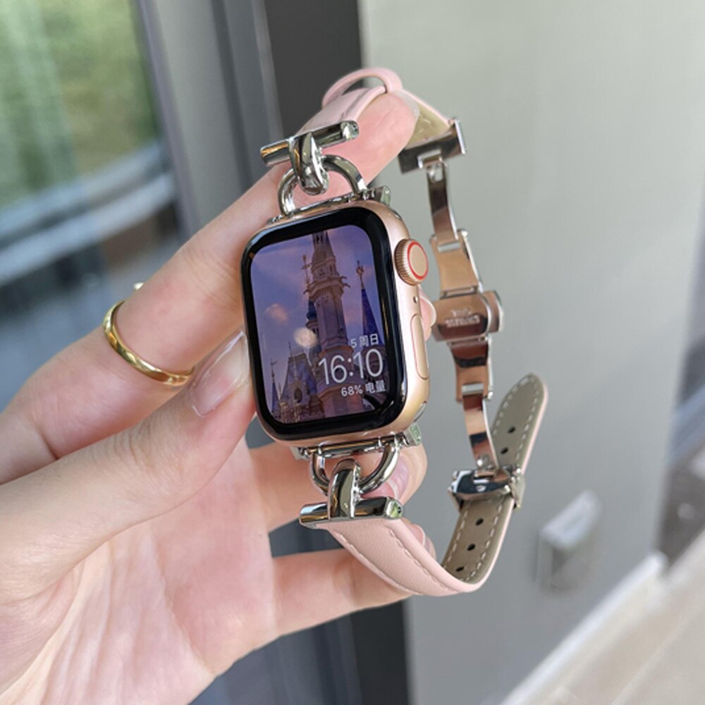 Leather Women Bracelet for Apple Watch Ultra 49mm 41 45mm 38 40mm 42 44MM Butterfly Buckle Band for iWatch Series 8 7 6 SE 5 4 3