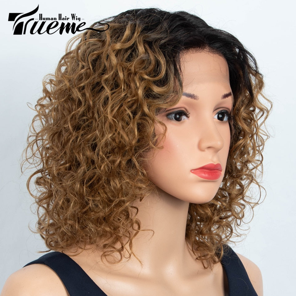 Trueme Curly Lace Front Human Hair Wigs Short Bob Brown Lace Front Wig For Women Colored Brazilian Water Wave Lace Human Wig