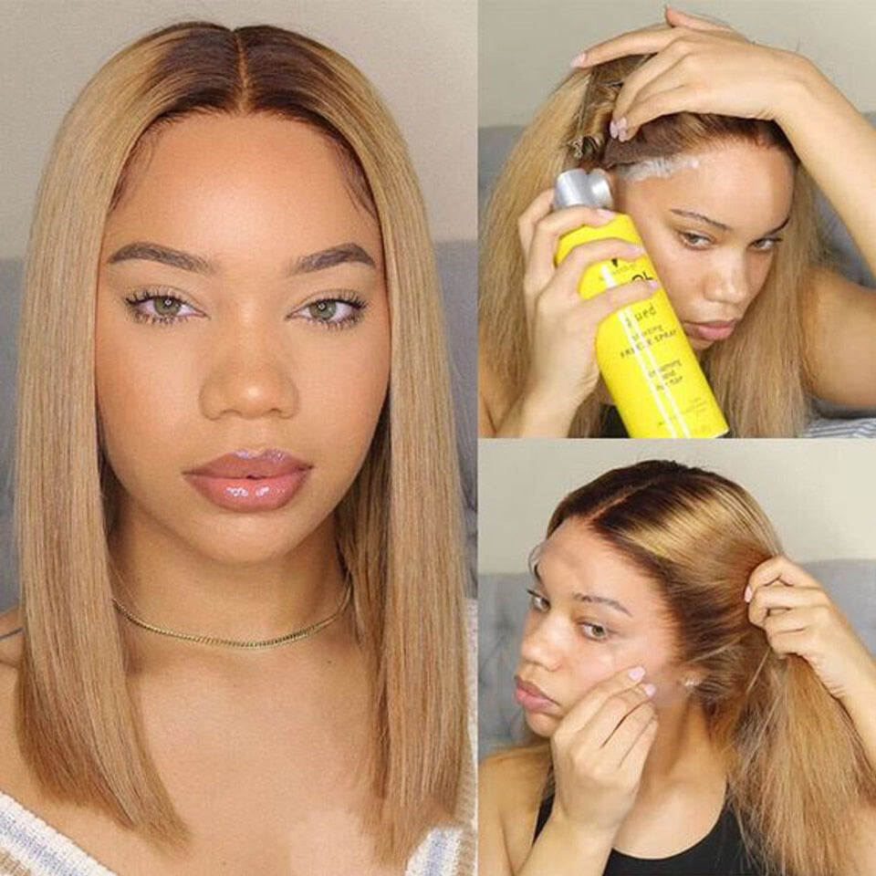 Short Ombre Honey Blonde Bob Wig With Baby Hair 13x6x1 Lace Front Honey Brown Straight Human Hair Wigs For Women Highlight Wigs