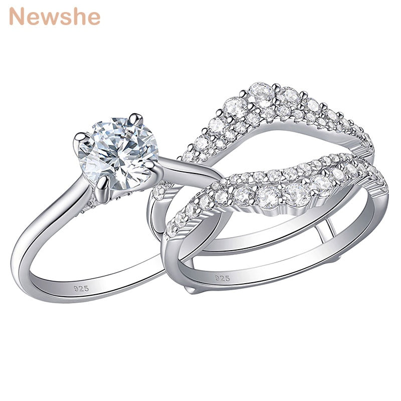 Newshe 2 Pcs 925 Sterling Silver Solitaire Engagement Rings Set With Adjustable Enhancer Wedding Band AAAAA Cubic Zircon