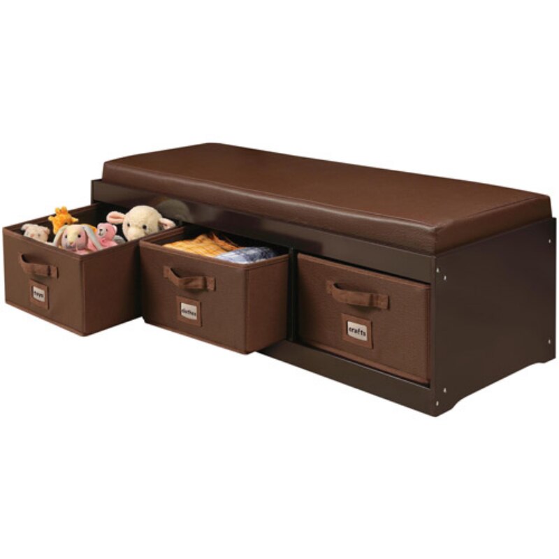 Badger Basket Kid&#39;s Toy Storage Bench with Cushion and Three Fabric Bins 2.7 cu ft Capacity - Brown storage box  organizer box