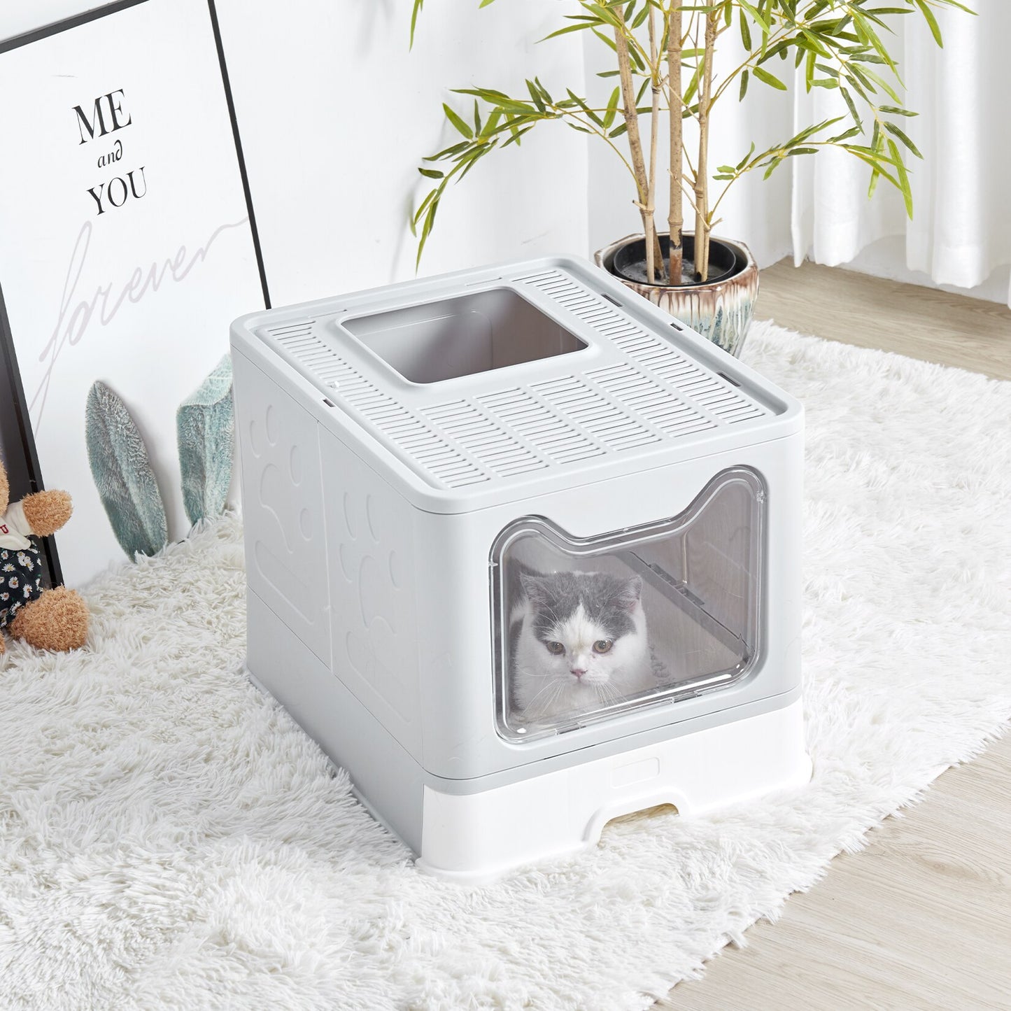 XXL Large Space Foldable Cat Litter Box with Front Entry &amp; Top Exit with Tray