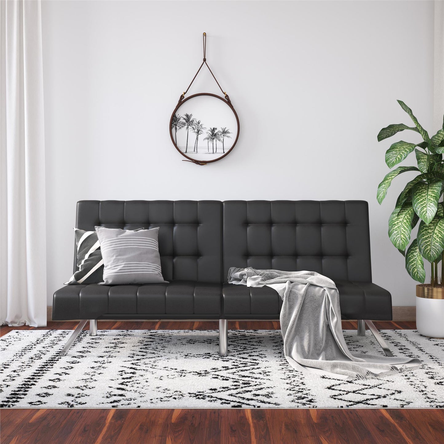 Living Room Sofas，Faux Leather Tufted Futon Sofa