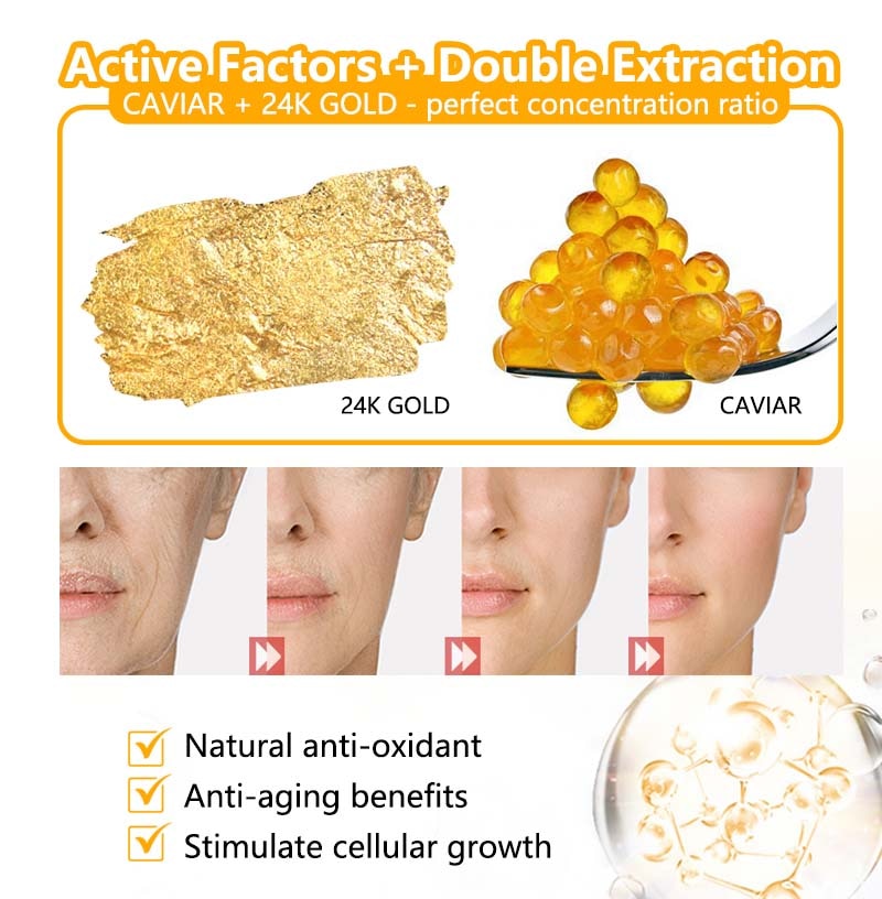 24K Gold Caviar Facial Serum Skin Whitening Moisturizer Anti Aging Anti Wrinkle Anti Puffiness Eye Cream Collagen Face Essence