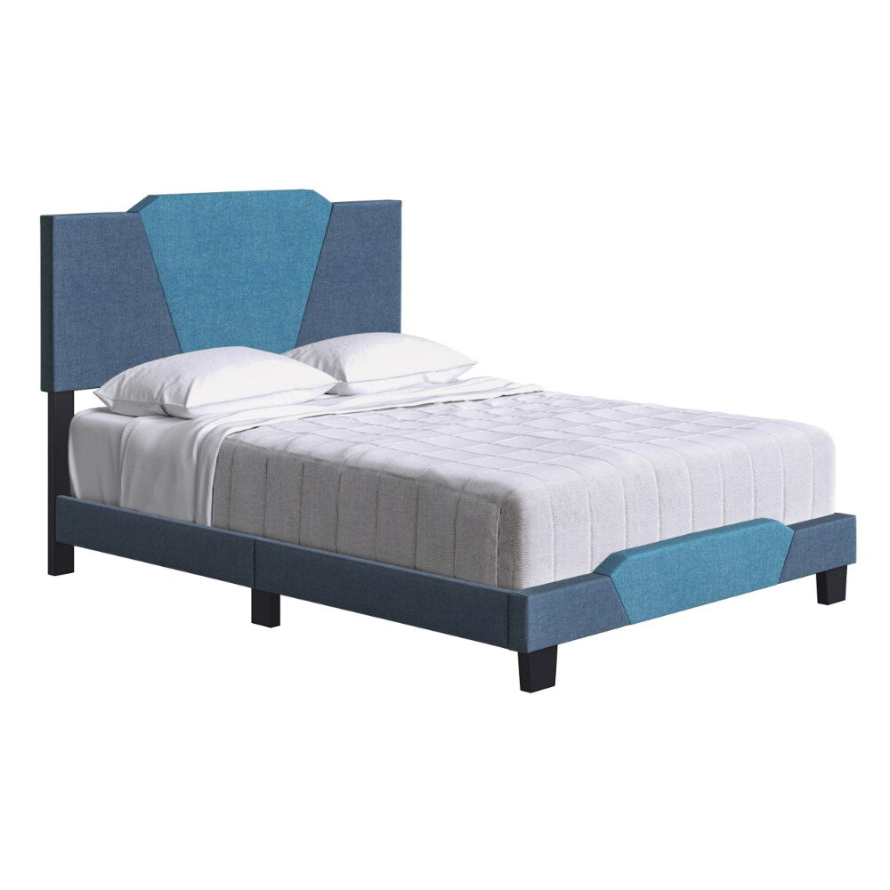 Boyd Sleep Tuscany Upholstered Geometric Ocean and Medium Blue Linen Platform Bed Frame, Queen