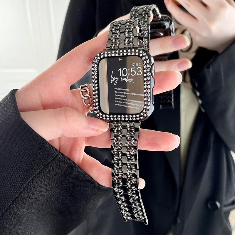 Luxury Diamond Metal Band for Apple Watch 8 41mm 45mm Ultra 49mm Bling Stainless Steel Strap for iWatch SE 7 6 5 4 38 42 40 44mm