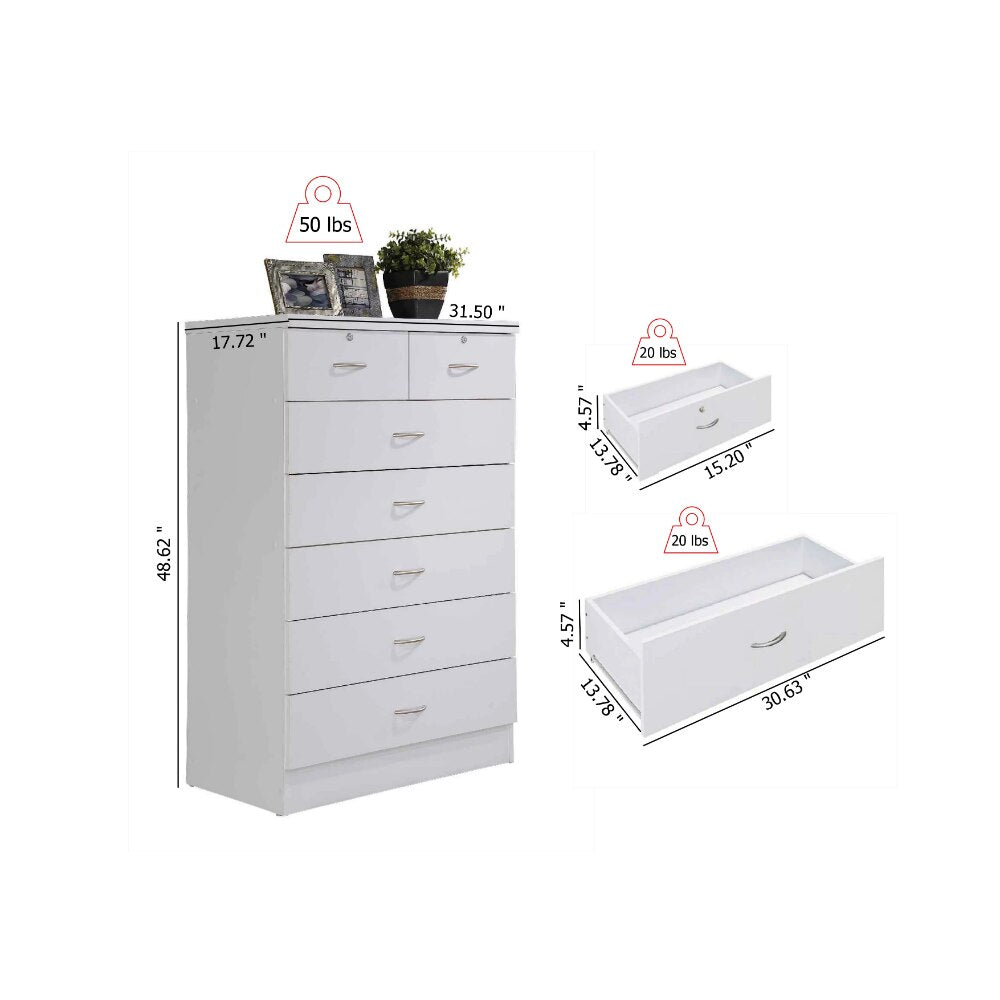 Hodedah 7 Drawer Dresser with Two Locks, White