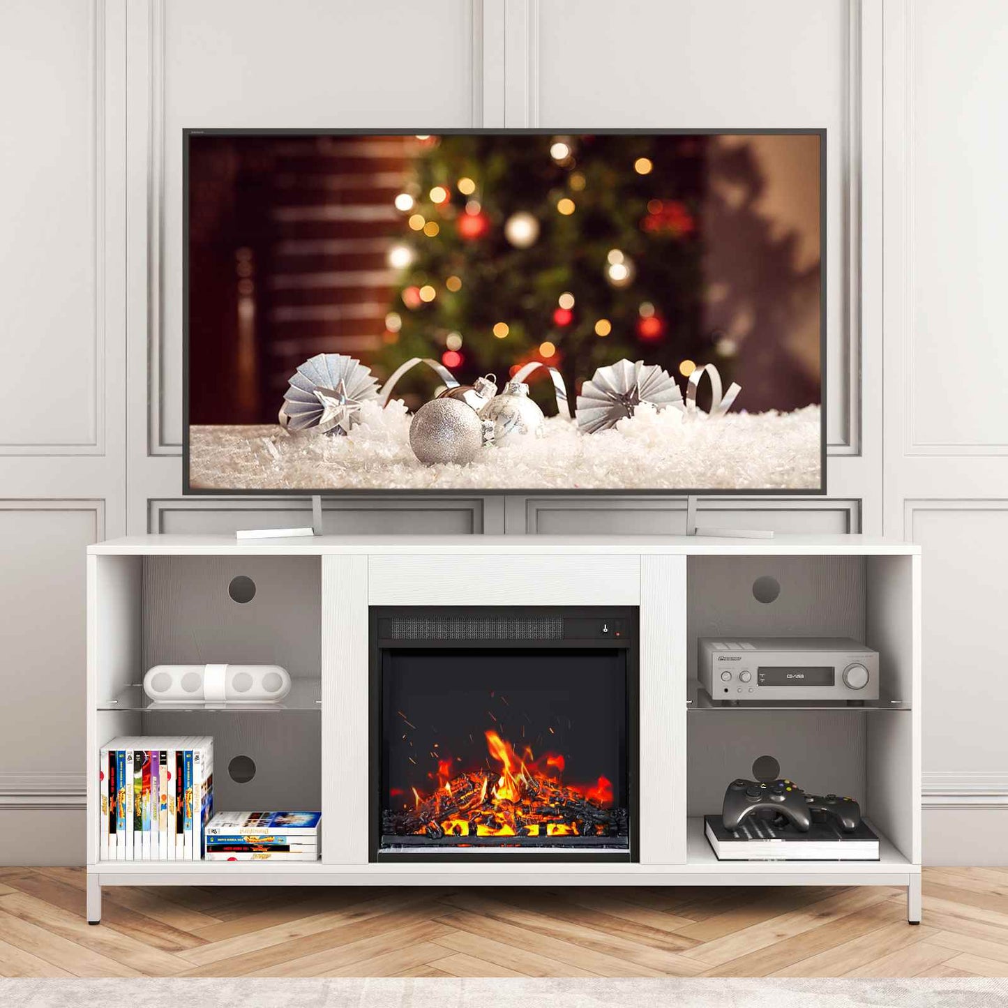 2-IN-1 Design Fireplace TV Stand for TVs up to 60&#39;&#39; Modern Entertainment Center Adjustable Shelf with Home Fireplace US STOCK