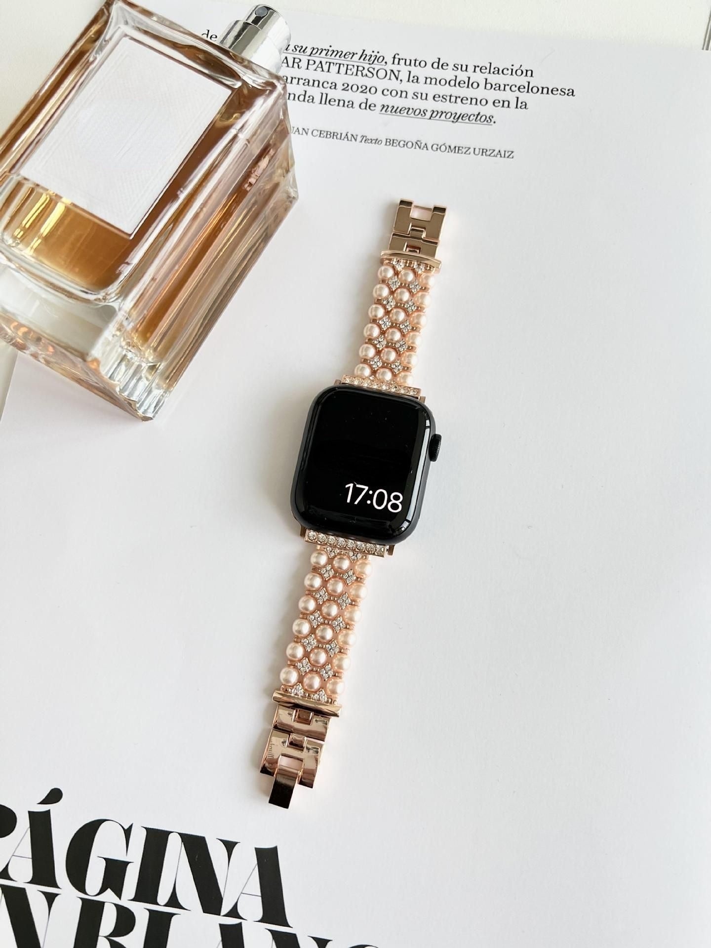 Luxury Pearl Stainless Steel Band For Apple Watch Ultra 49mm Diamond Strap For iWatch Series 8 7 41 45mm 6 3 4 5 se 2 40 42 44mm