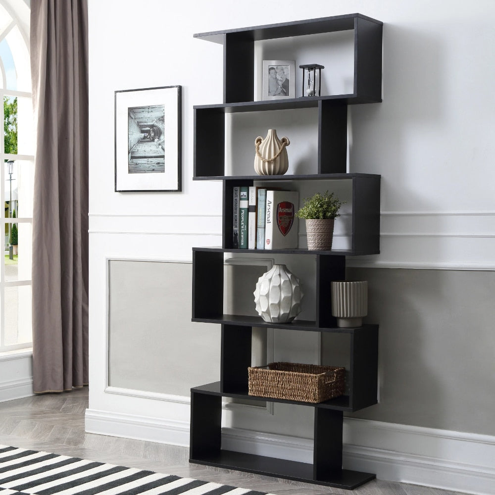 Modern Staggered 6-Shelf Luke Bookcase, Black  Living Room Cabinets