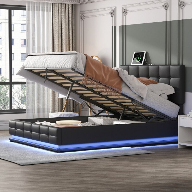 Queen Size Floating Bed Frame with LED Lights and USB Charging,Modern Upholstered Platform LED Bed Frame,Black