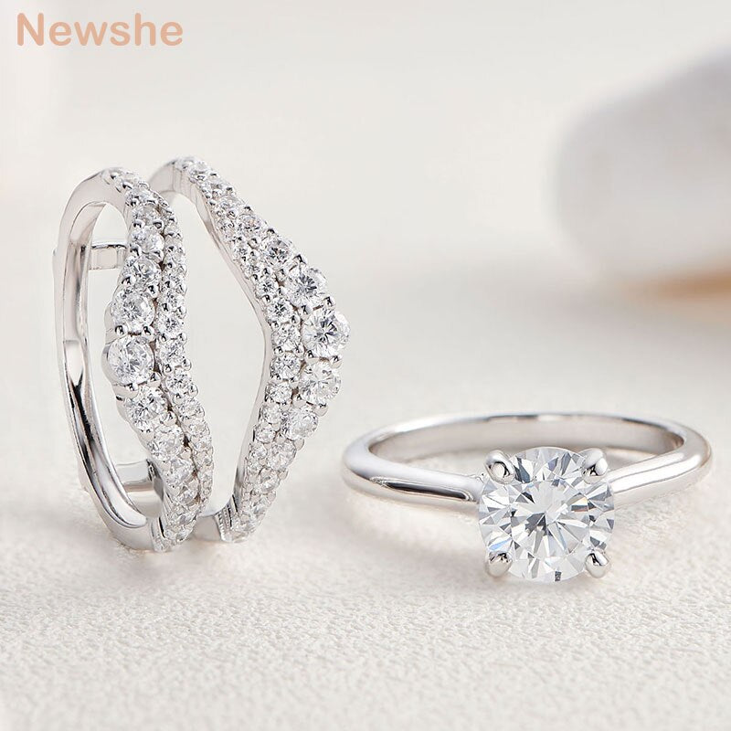 Newshe 2 Pcs 925 Sterling Silver Solitaire Engagement Rings Set With Adjustable Enhancer Wedding Band AAAAA Cubic Zircon