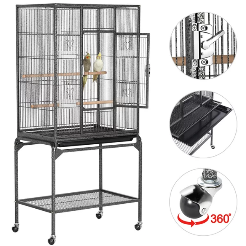 Metal Rolling Bird Cage with Stand, 4 Feeding Bowls, and 2 Perches, Black,25.79 X 16.73 X 53.74 Inches