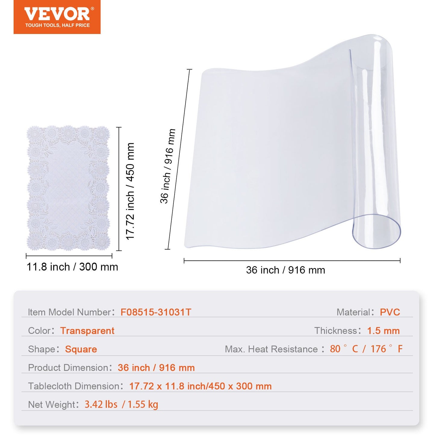 VEVOR PVC Tablecloth Transparent Table Cloth 1.5mm Waterproof Kitchen Oil-Proof Table Mat Plastic Soft Glass Protector Cover