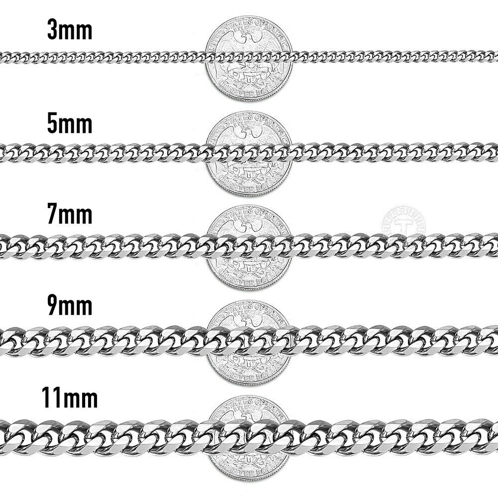 3/5/7/9/11mm Men's Silver Color Necklace Stainless Steel Cuban Link Chain for Mens Womens Basic Black Gold Tone Chokers KNM07