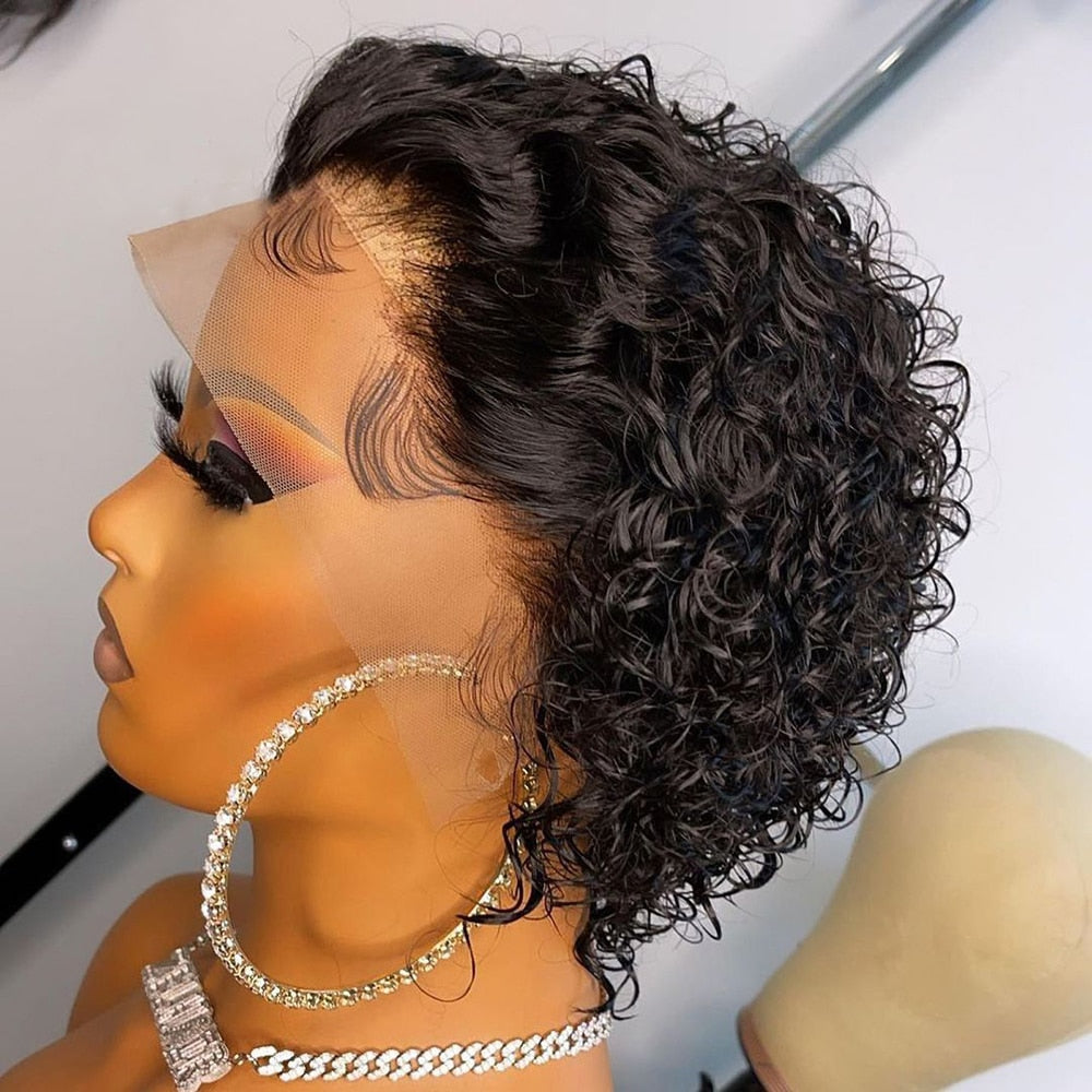 Brown Pixie Cut Wig Short Curly Human Hair Wigs Cheap Human Hair Wig 13X1 Transparent Lace Wig For Women Human Hair Pre Plucked