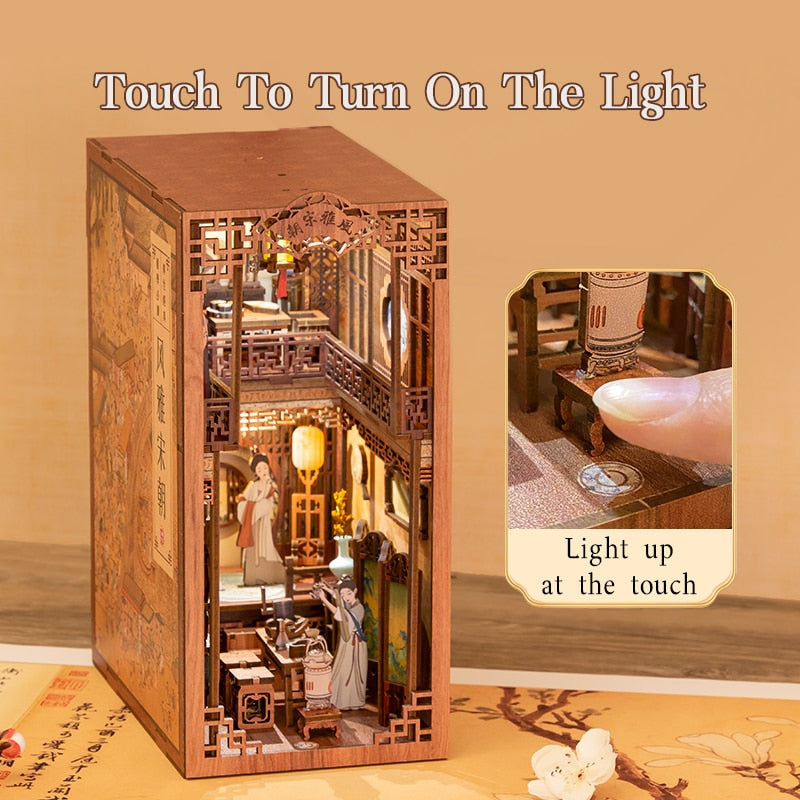 Cutebee DIY Book Nook Shelf Insert Kit Miniature Dollhouse with Furniture Touch Lights Elegant Song Wooden Model for Adult Gifts