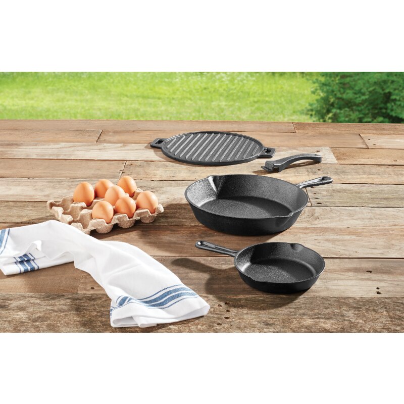 Ozark Trail 4-piece Cast Iron Skillet Set with Handles and Griddle, Pre-seasoned, 6&quot;, 10.5&quot;, 11&quot;