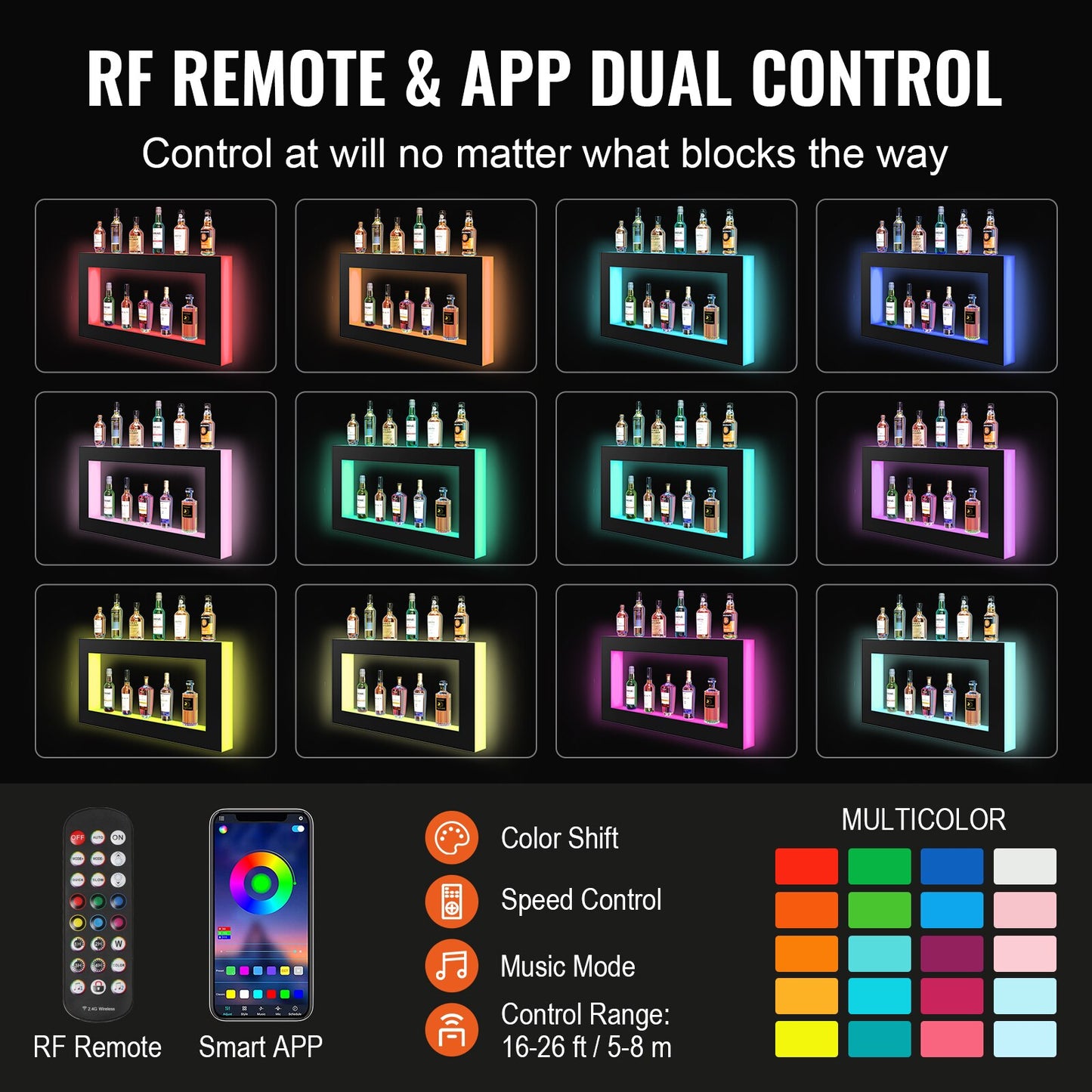 VEVOR LED Lighted Liquor Bottle Display, Illuminated Home Bar Shelf w/RF Remote &amp; App Control 7 Static Colors 1-4 H Timing