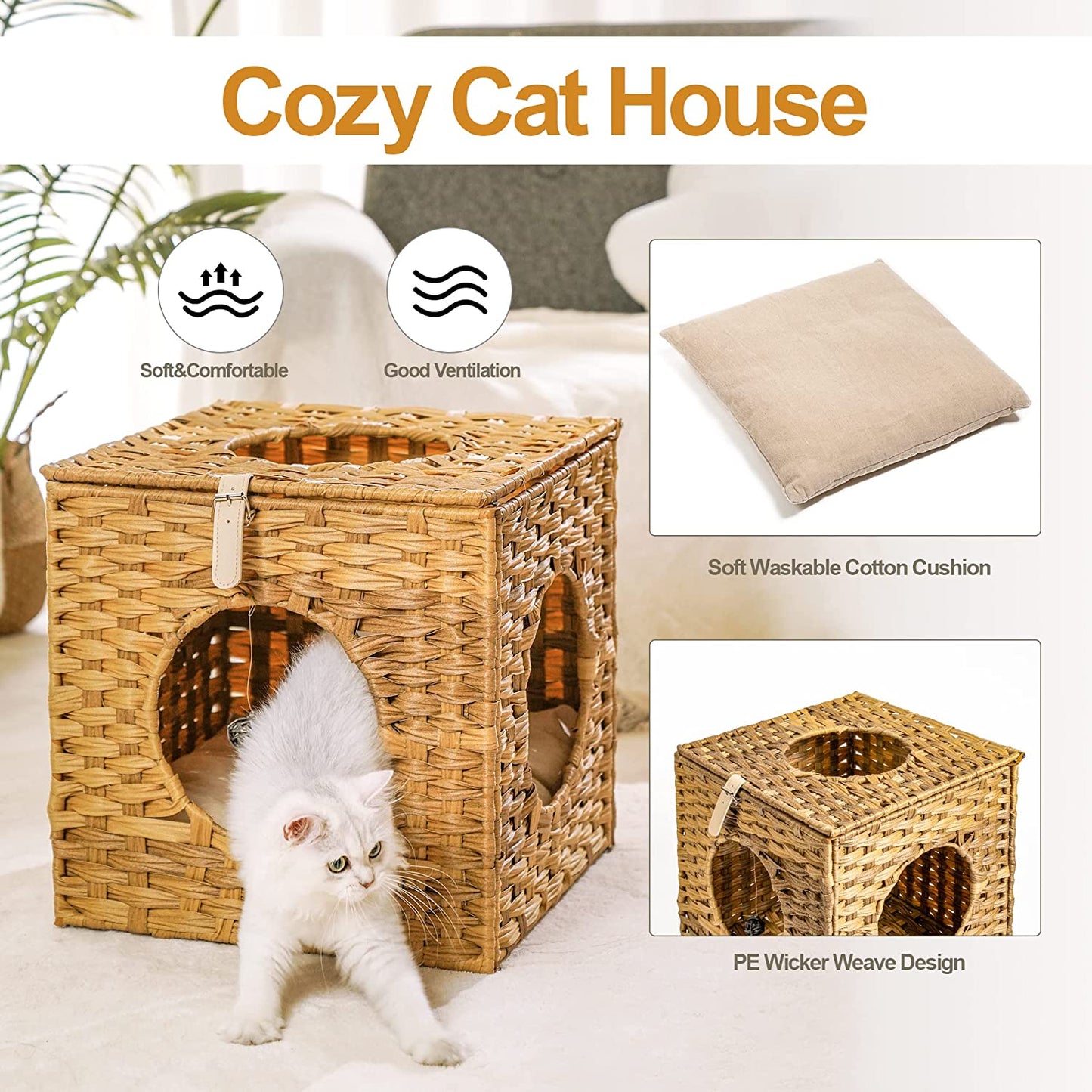 Mewoofun Cat House for Indoor Hand-Woven Wicker Beds Cozy Cave Cat Hideaways 15.75x15.75x15.75 Inches Cat Cages in  US Stock