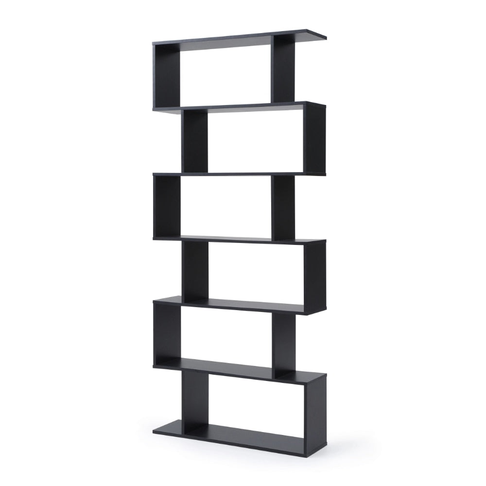 Modern Staggered 6-Shelf Luke Bookcase, Black  Living Room Cabinets