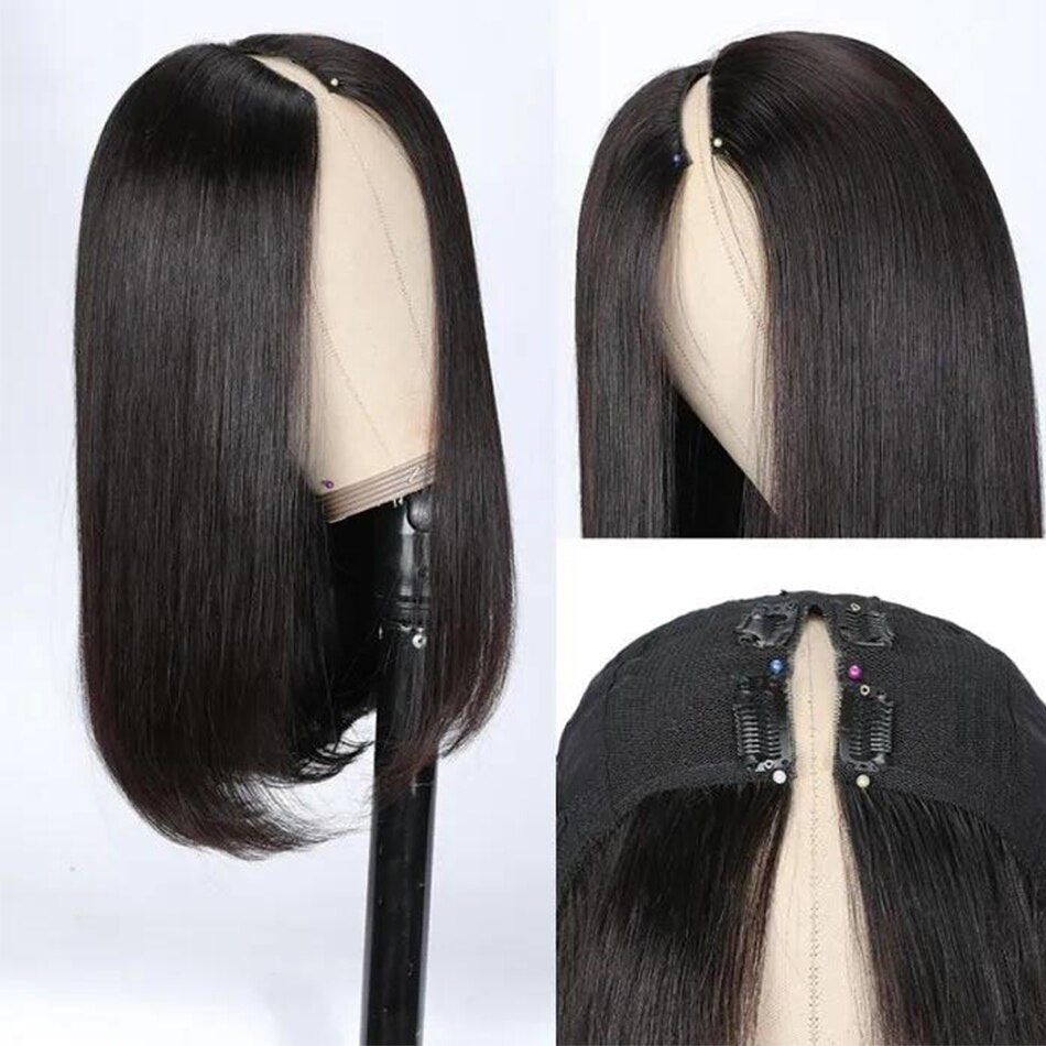 Straight Short Bob Wig V Part Wig Human Hair No Leave Out Thin Part Peruvian Hair Wigs for Women Short Wigs Glueless U Part Wig