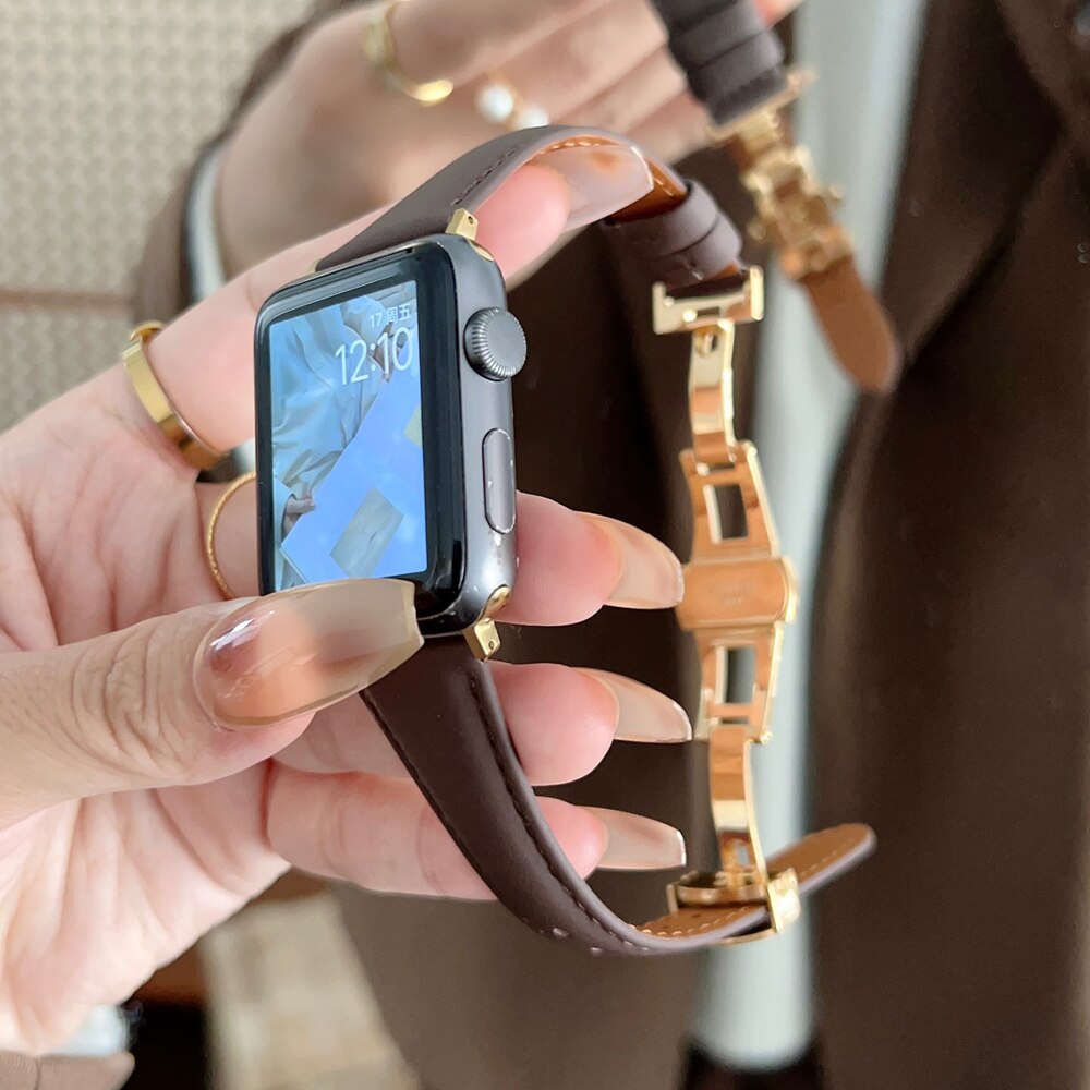 Leather Strap for Apple Watch Series 8 7 SE 6 5 4 3 2 Ultra 49mm Butterfly Buckle Lady Bracelet for iWatch 41 45mm 44 40 38 42MM