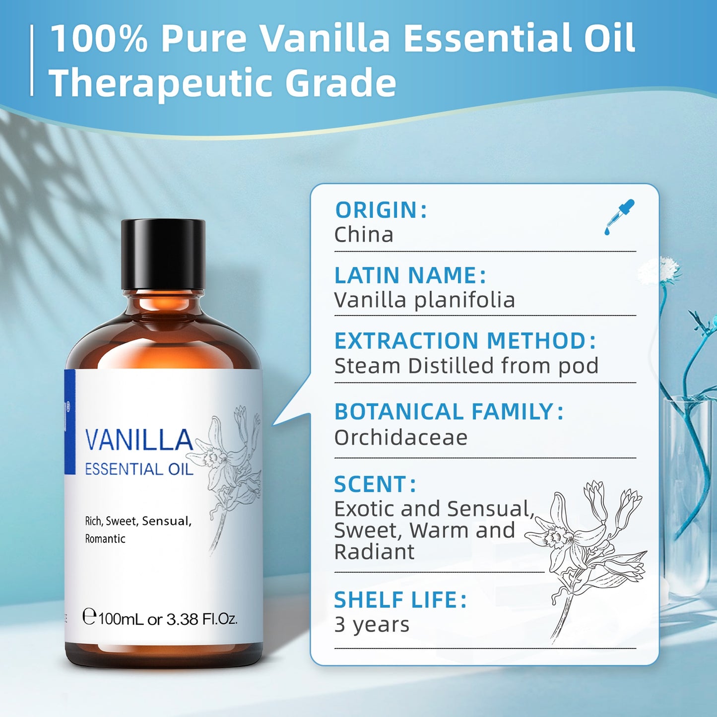 HIQILI 100ML Vanilla Essential Oils for Diffuser Humidifier Massage Aromatherapy Aromatic Oil for Candle/Soap Making Hair Care