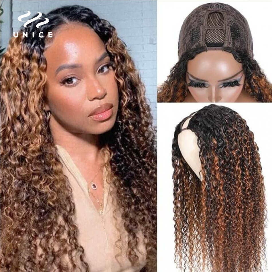 UNice Hair Balayage Highlight V Part Wig Human Hair Curly Wig Glueless U Part Wig Human Hair Wigs Blend with Your Own Hairline