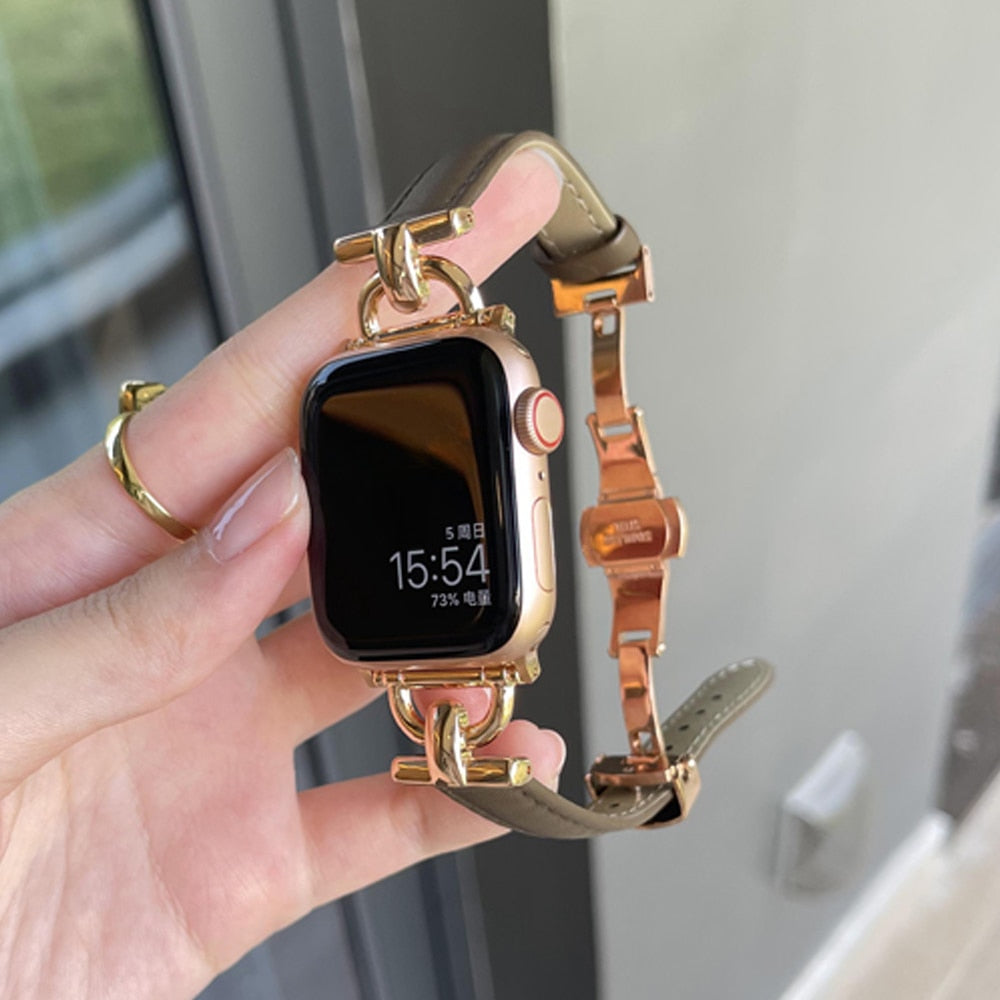 Leather Women Bracelet for Apple Watch Ultra 49mm 41 45mm 38 40mm 42 44MM Butterfly Buckle Band for iWatch Series 8 7 6 SE 5 4 3