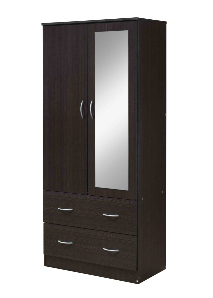 Hodedah Two Door Wardrobe with Two Drawers and Hanging Rod plus Mirror, storage cabinet