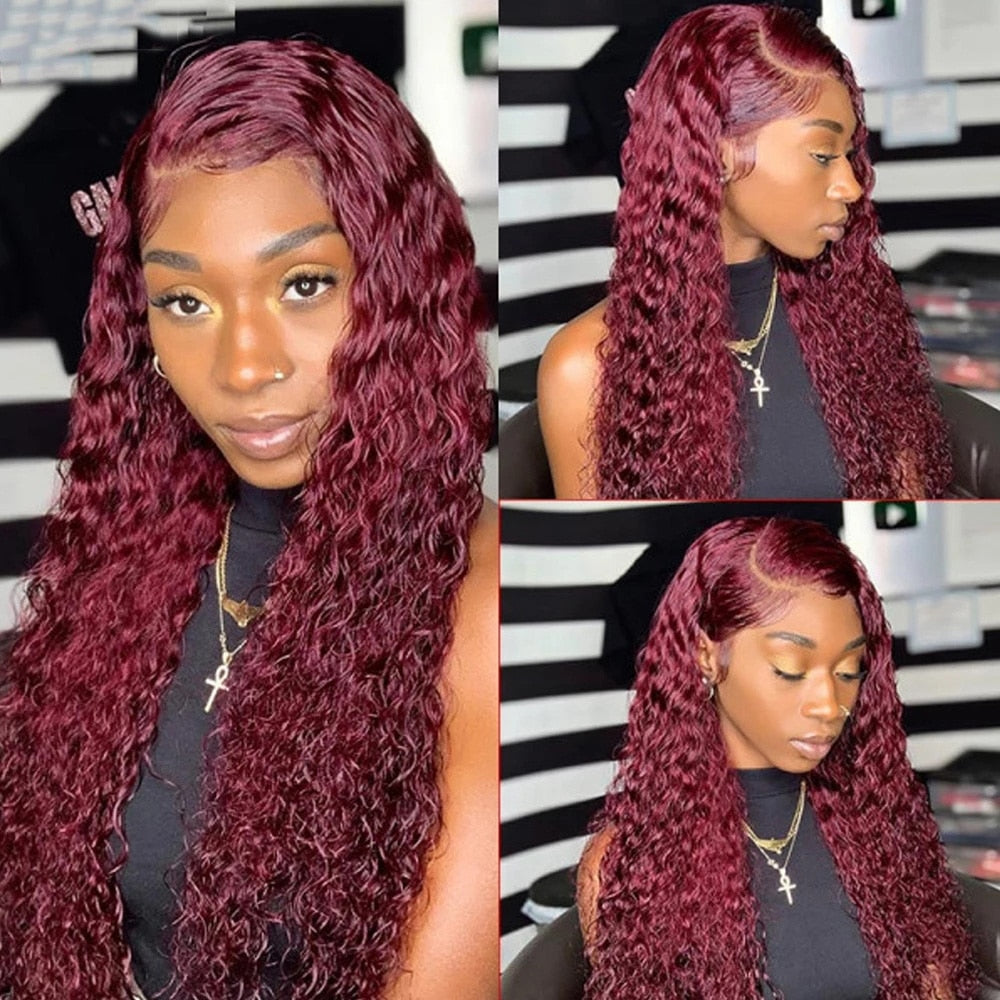 13x6 99J Red Lace Front Human Hair Wigs Colored Deep Wave Burgundy 13x4 Transparent Lace Frontal Wig Glueless Red Wig For Women