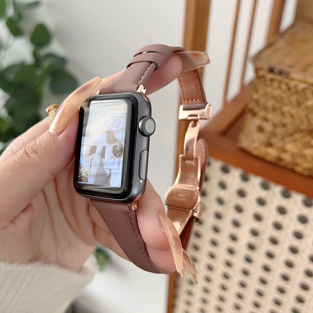 Leather Strap for Apple Watch Series 8 7 SE 6 5 4 3 2 Ultra 49mm Butterfly Buckle Lady Bracelet for iWatch 41 45mm 44 40 38 42MM