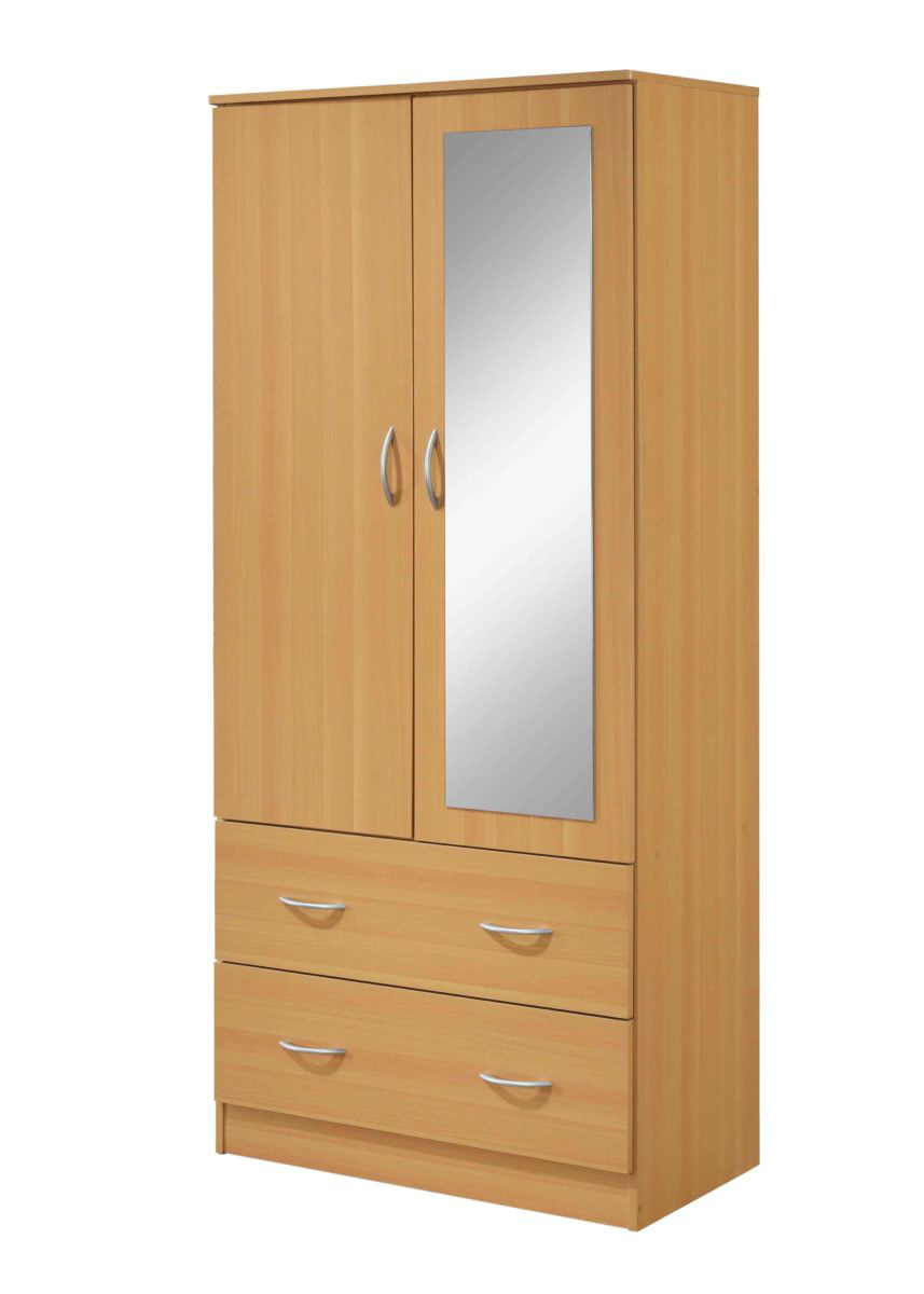 Hodedah Two Door Wardrobe with Two Drawers and Hanging Rod plus Mirror, storage cabinet