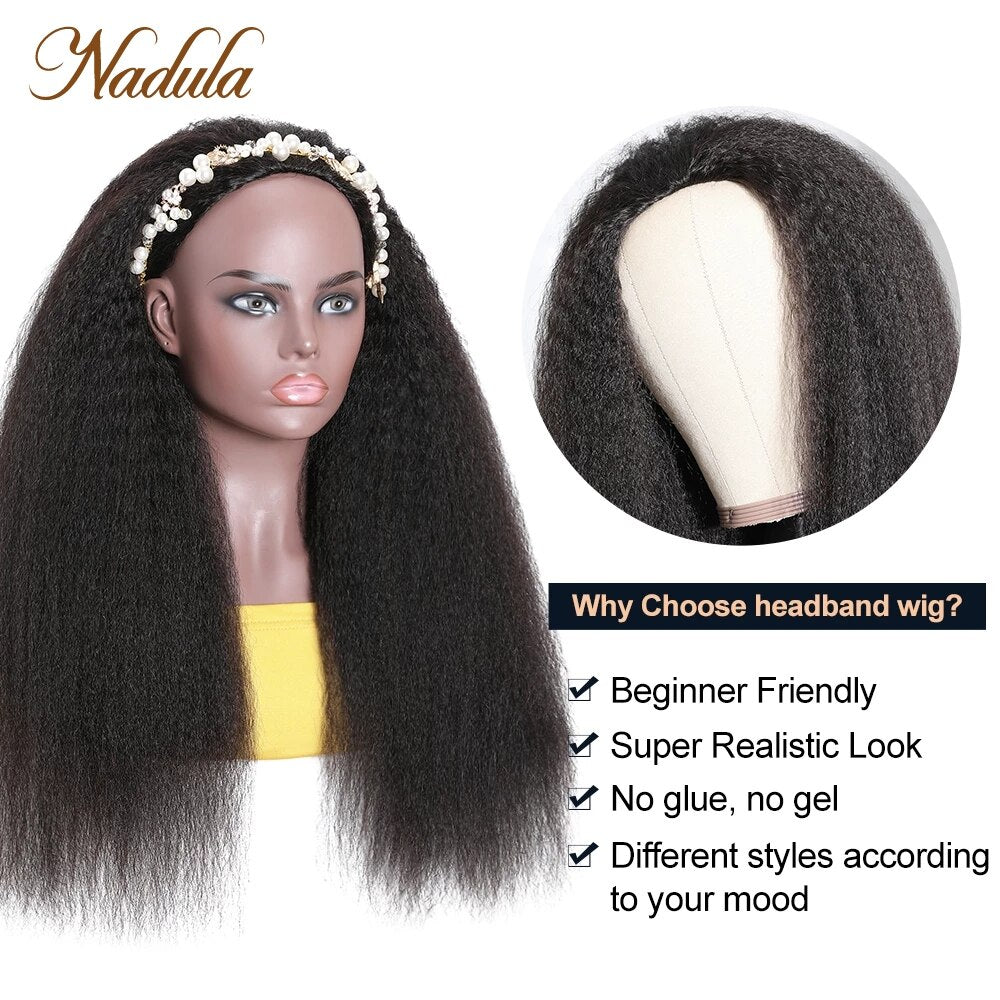 Kinky Straight 3/4 Half Wig Human Hair Nadula Hair Headband Wigs for Black Women Brazilian Headband Wig Human Hair Natural Color