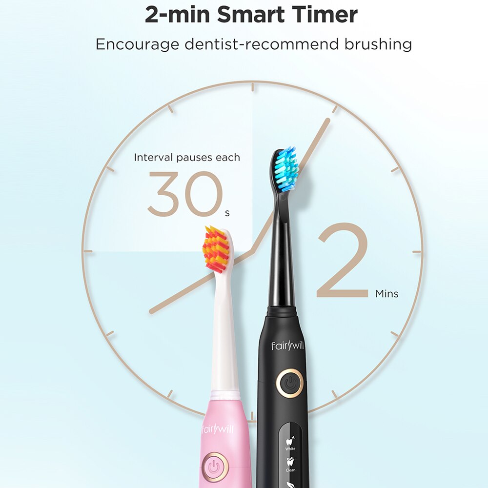 Fairywill Electric Toothbrush Timer IPX7 Waterproof 4-Hours Fast Charger Brush-Heads Replacement Powerful Sonic Toothbrush Gift