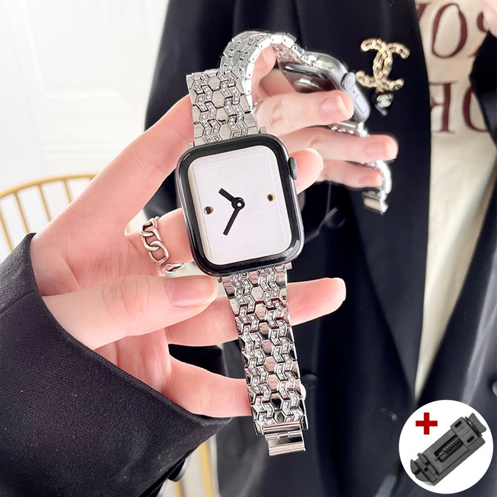 Luxury Diamond Metal Band for Apple Watch 8 41mm 45mm Ultra 49mm Bling Stainless Steel Strap for iWatch SE 7 6 5 4 38 42 40 44mm