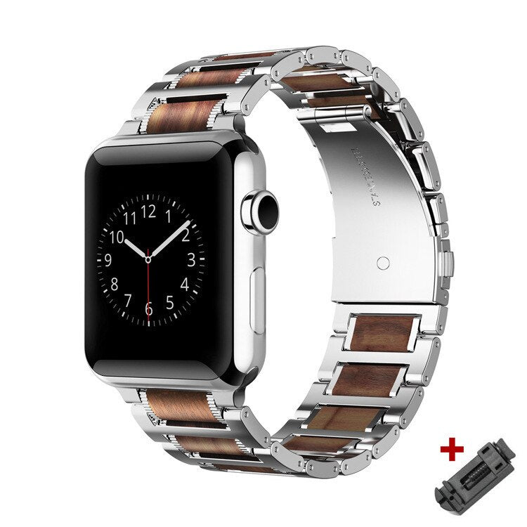 Luxury Wooden Metal Stap For Apple Watch Band Series 38mm 40mm 44mm 42mm 41mm 45mm Wood Steel Bracelet For iWatch 7 6 5 4 3 2 SE