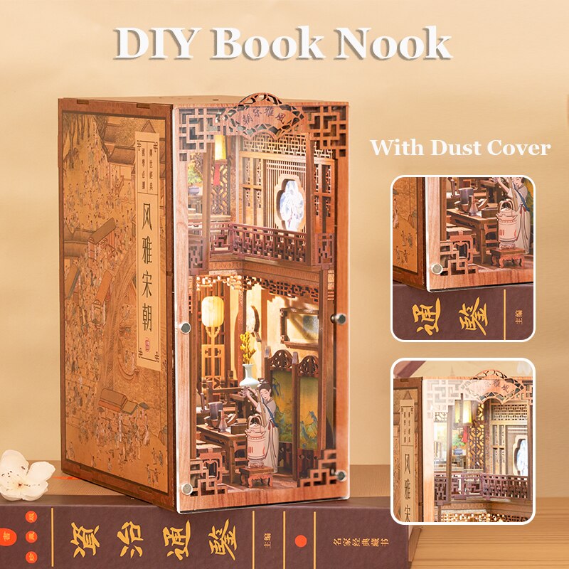 Cutebee DIY Book Nook Shelf Insert Kit Miniature Dollhouse with Furniture Touch Lights Elegant Song Wooden Model for Adult Gifts