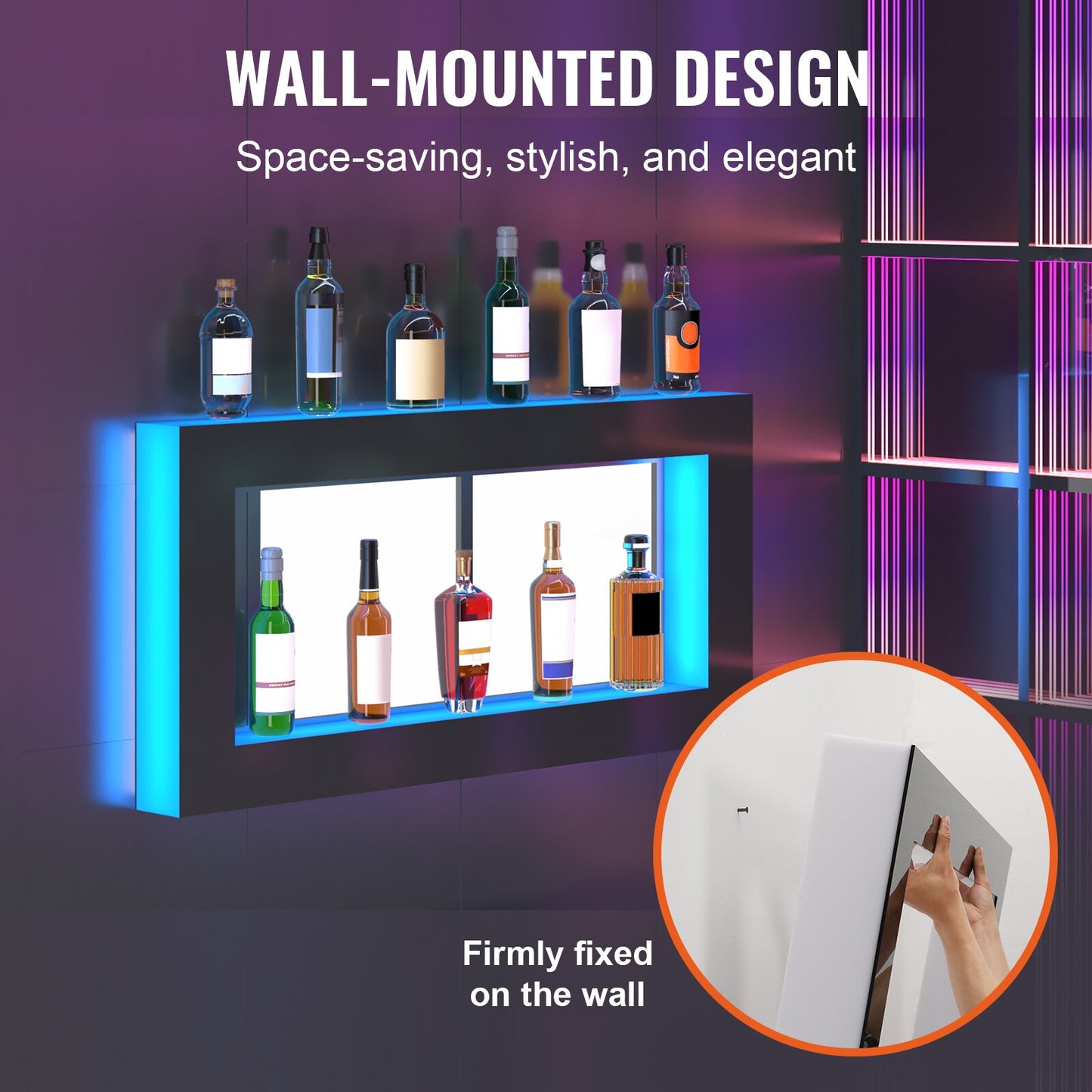 VEVOR LED Lighted Liquor Bottle Display, Illuminated Home Bar Shelf w/RF Remote &amp; App Control 7 Static Colors 1-4 H Timing