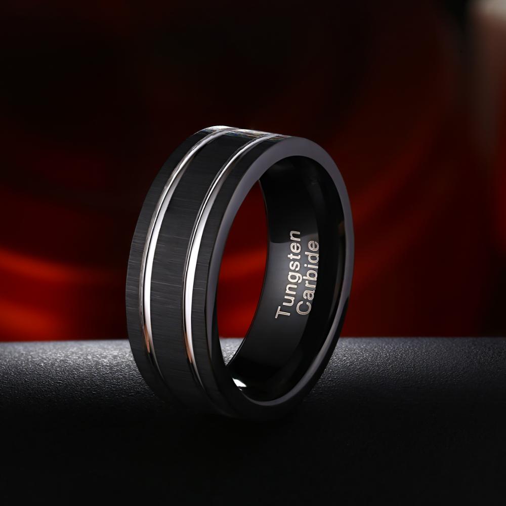 Newshe Black Wedding Bands for Men Tungsten Carbide Rings Silver Color Grooved Line Matte Brushed Size 8-13 TRX075