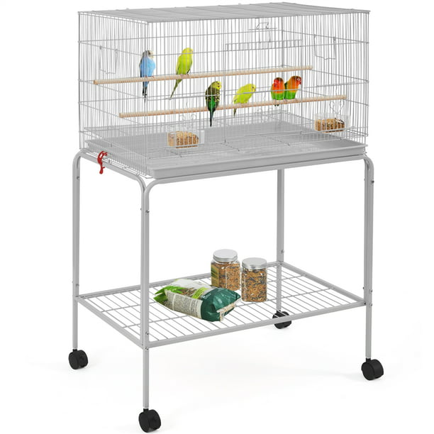 47&quot;H Rolling Stand Flight Bird Cage with Slide-out Tray for Small Birds, 20.3 Lb, Iron, Plastic, Wood