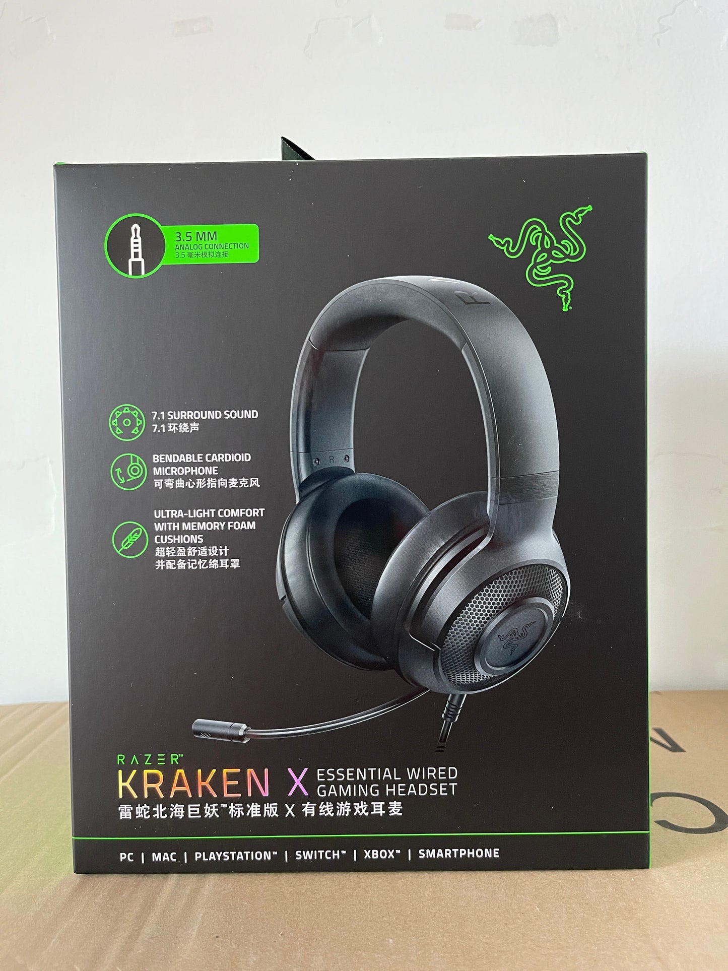 Razer Kraken X Gaming Headphone 7.1 Surround Sound Headset with Bendable Cardioid Microphone 40mm Driver Unit Headphones