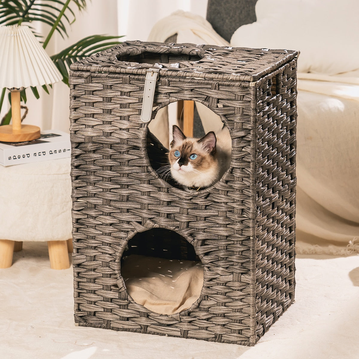 MewooFun Cat House Wicker Cat Bed for Indoor Woven Rattan Condos Outdoor Sturdy Large Cat Furniture Cages with Cushion US Stock